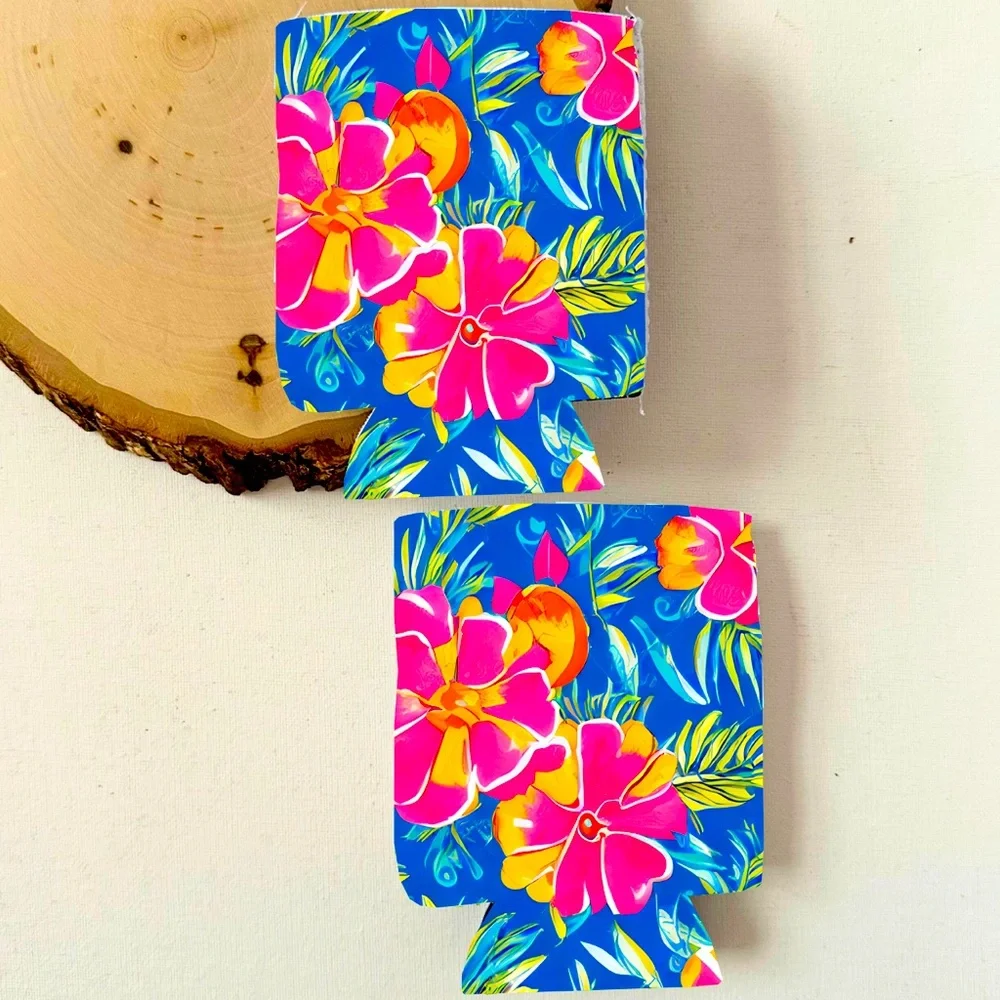 Summery Sublimated Koozies (Tropical Flowers-Blue) for BBQ,Beach & Poolside